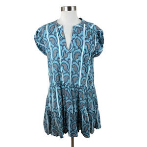 Oliphant Tuckernuck Blue Gold Tiered Cotton Dress Size M Beachy Coastal